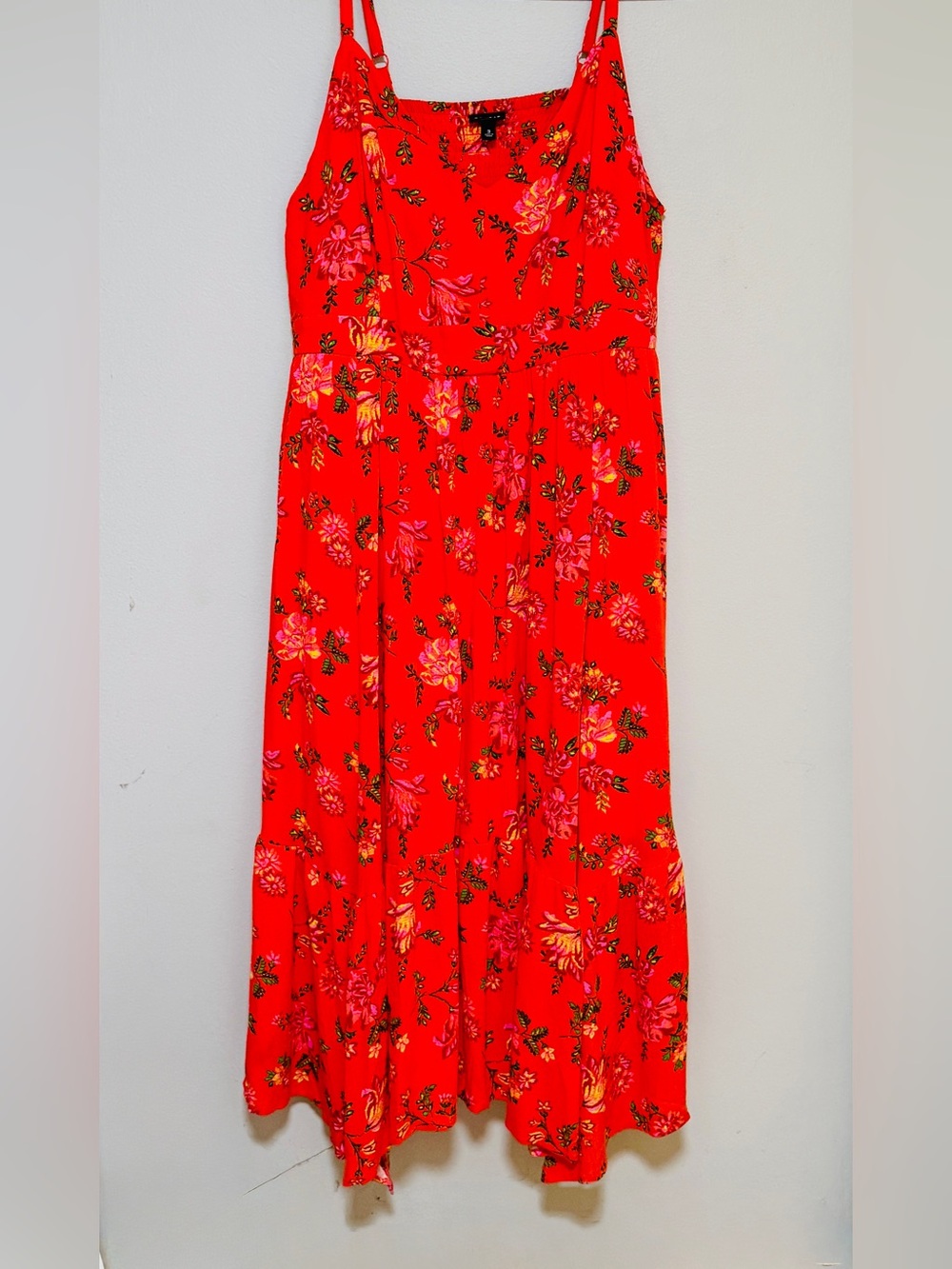 Torrid Bright Orange Floral Midi Dress with Handkerchief Hem